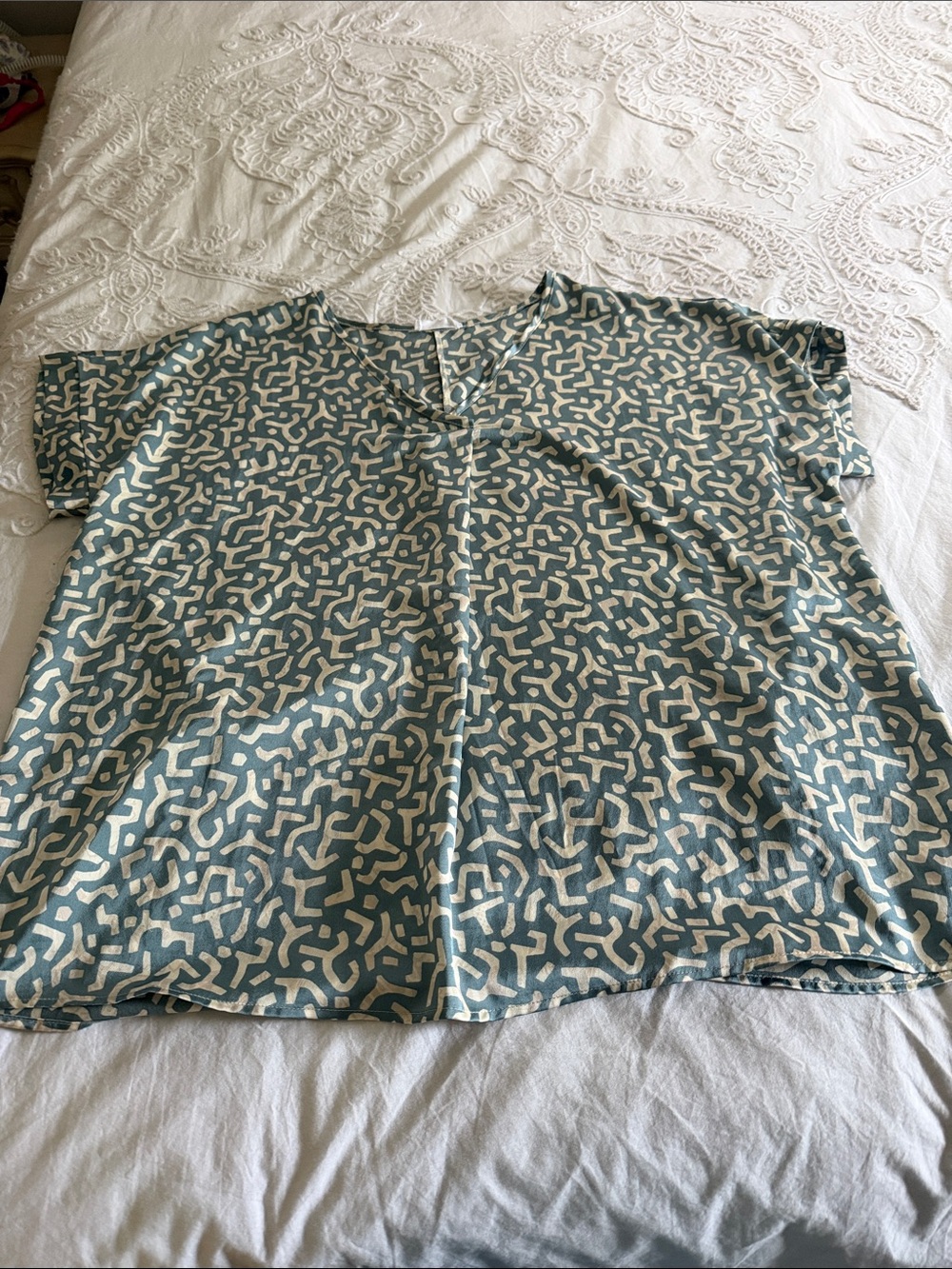 First Love Teal and Cream Abstract Print V-Neck Blouse